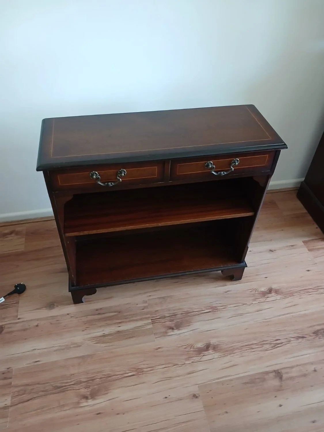 Vintage wooden console table with two drawers and open shelf