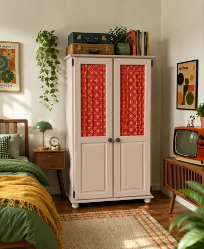Two-door wardrobe with floral fabric panels — image 6
