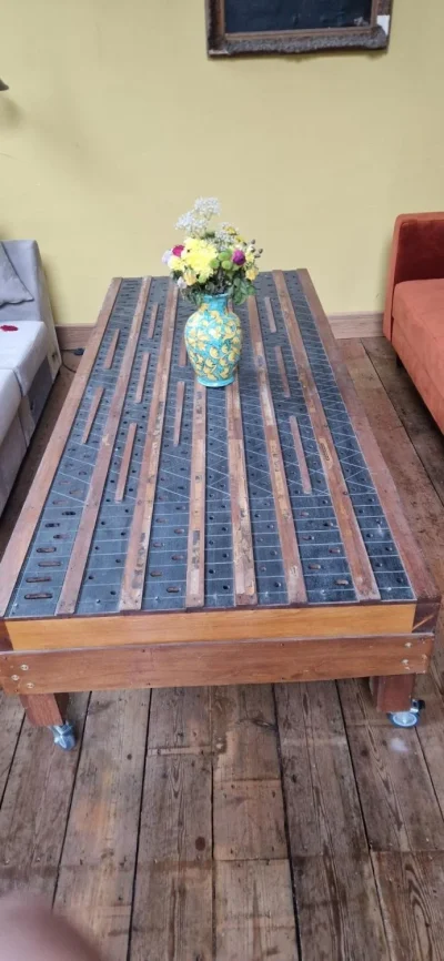 Unique coffee table constructed from 19th century organ soundboard