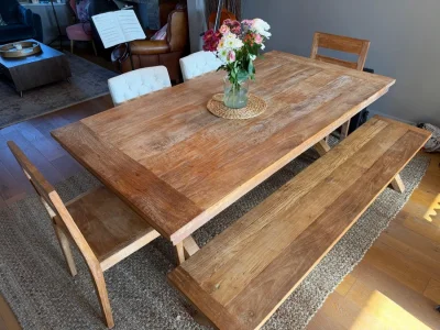 Padang wooden dining table 200 cm + 4 chairs + bench - Lombok - LIKE NEW on Furnish Well