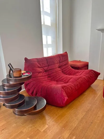 Authentic Ligne Roset Togo 2-Seater Sofa & 2 Footstools – Burnt Orange Alcantara on Furnish Well