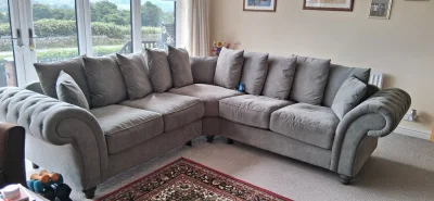 L-shaped fabric corner sofa in soft grey finish on Furnish Well