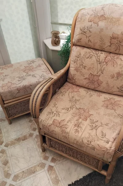 Bamboo settee, two chairs and footstool with floral upholstery — image 3