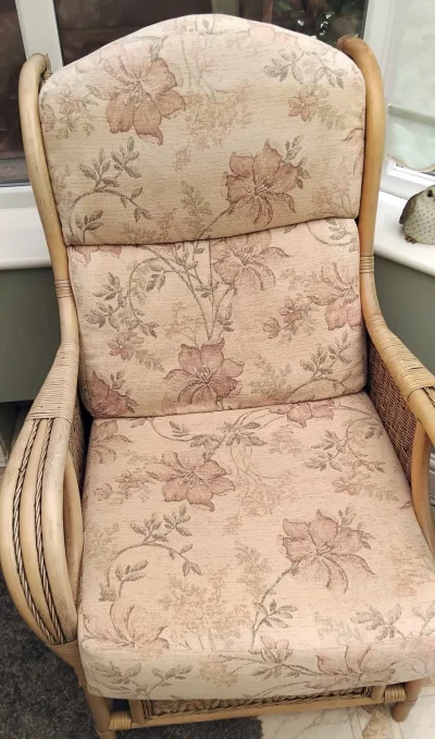 Bamboo settee, two chairs and footstool with floral upholstery — image 4