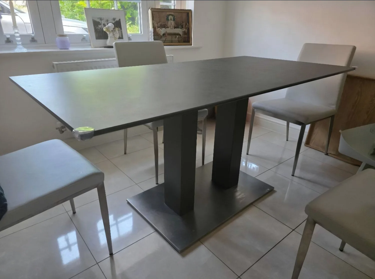 Danetti Grey Ceramic Dining Table & 4 Cream Faux Leather Dining Chairs Set