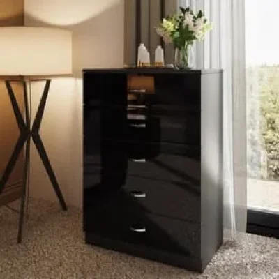 Contemporary High-Gloss Black Five-Drawer Chest of Drawers, 70cm Wide