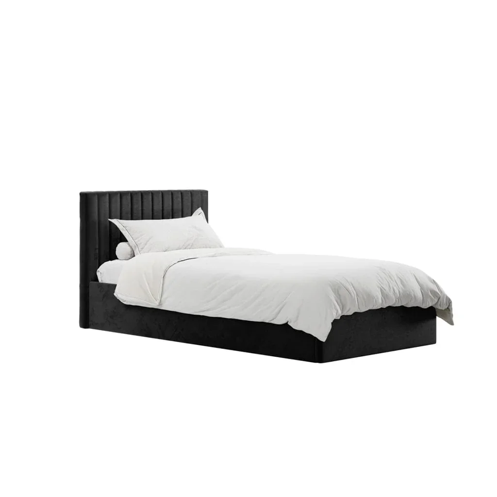 3FT Black Velvet-Style Ottoman Storage Bed Frame with Channelled Headboard