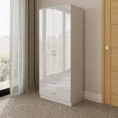 Contemporary White Mirrored Double Wardrobe with Three Drawers