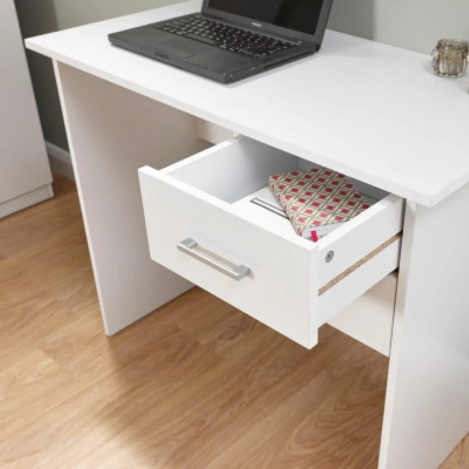 White two-drawer writing desk