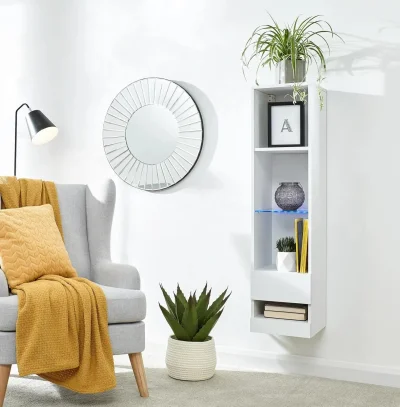 Slim White Wall-Mounted Display Cabinet with Blue LED Glass Shelf — image 3