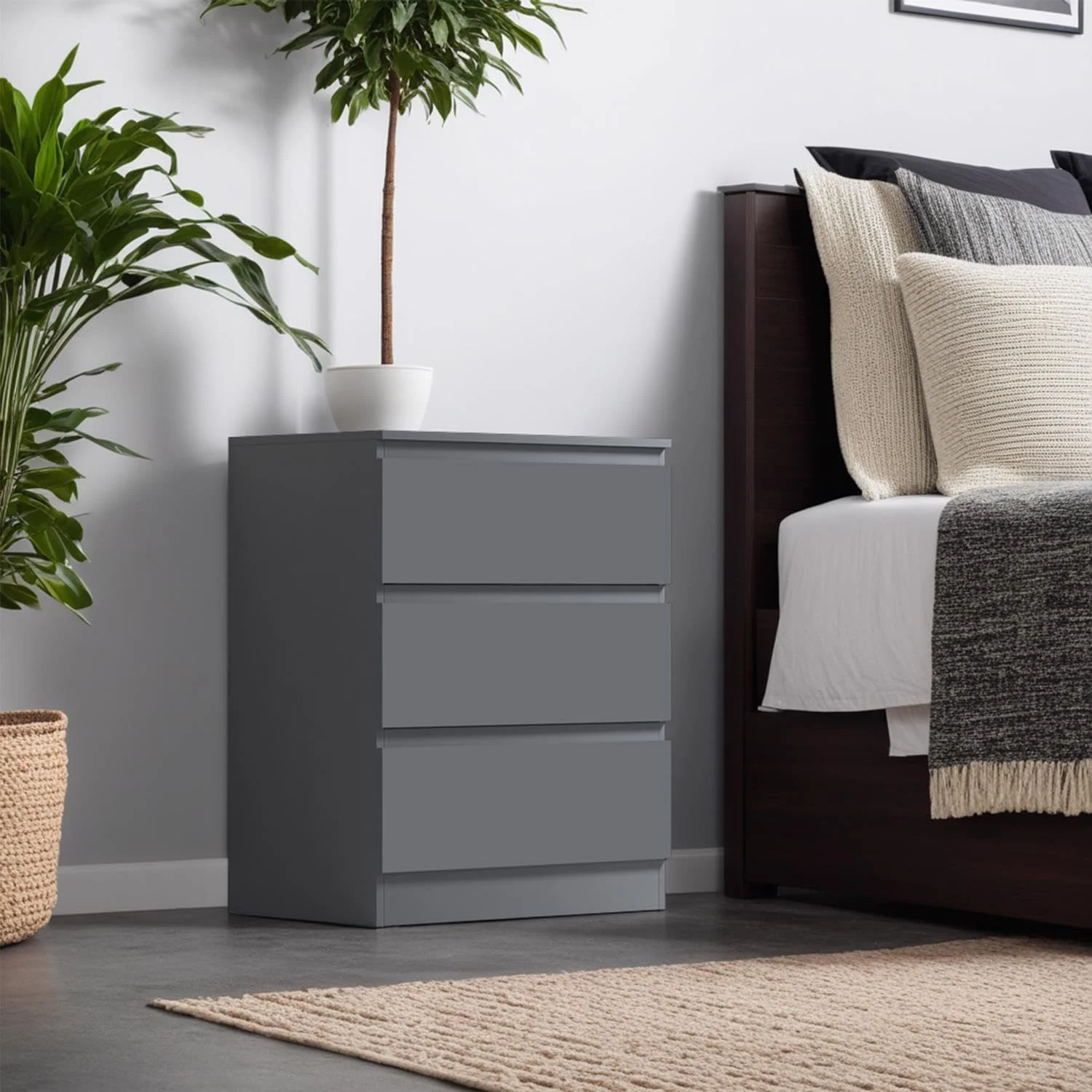 Contemporary Charcoal Grey Three-Drawer Bedside Chest