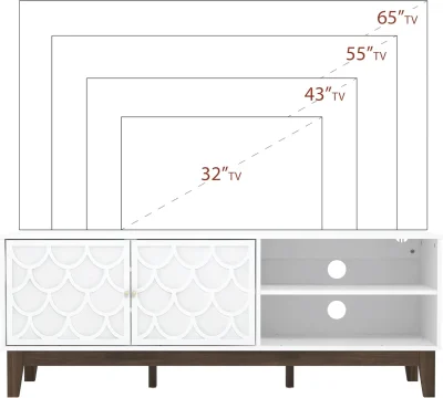 White TV Media Console with Scallop Doors, Open Shelves and Walnut Base — image 2