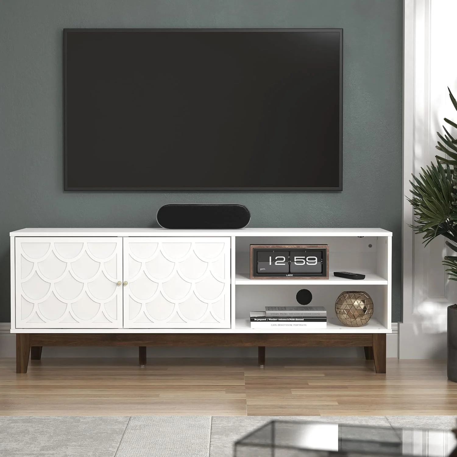 White TV Media Console with Scallop Doors, Open Shelves and Walnut Base