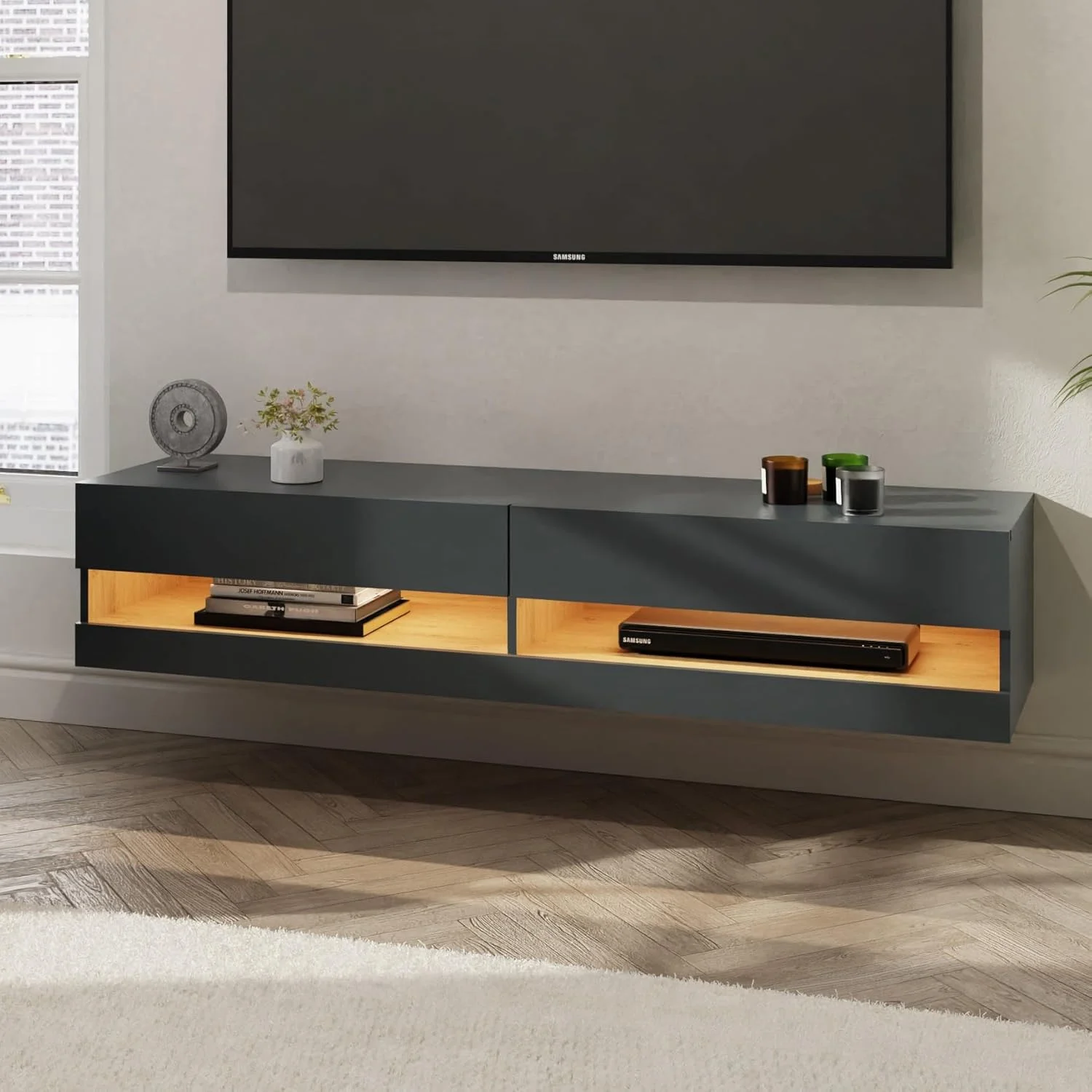 Contemporary Charcoal Wall-Mounted TV Media Console with Wood-Effect Shelf