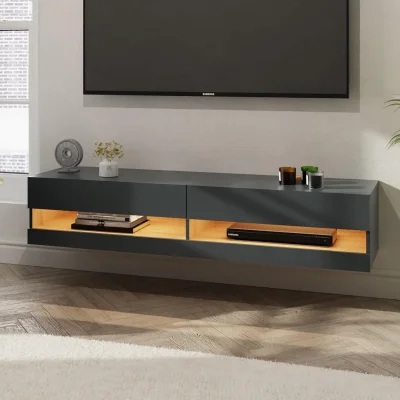Contemporary Charcoal Wall-Mounted TV Media Console with Wood-Effect Shelf