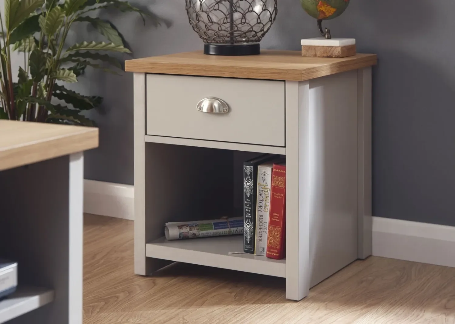 Grey Bedside Table with Oak-Effect Top, Drawer and Open Shelf