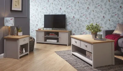 Grey Bedside Table with Oak-Effect Top, Drawer and Open Shelf — image 2
