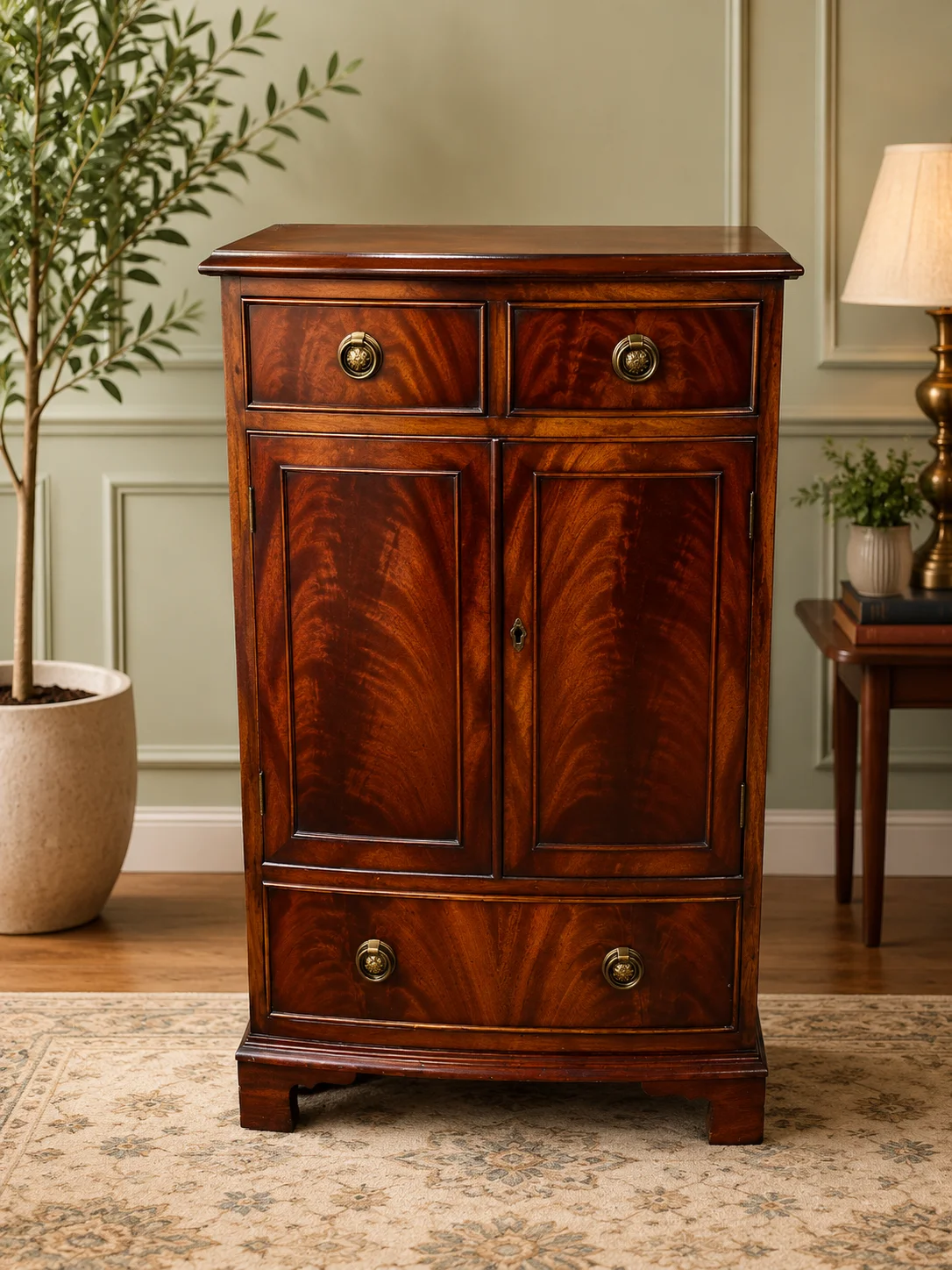 Bevan Funnell Reprodux Regency Style Flame Mahogany Bow Front Storage Cabinet