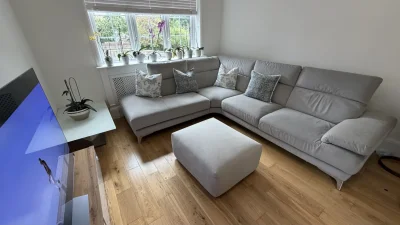 Natuzzi Corner Sofa with Ottoman – Breeze Silver – Excellent Condition — image 2
