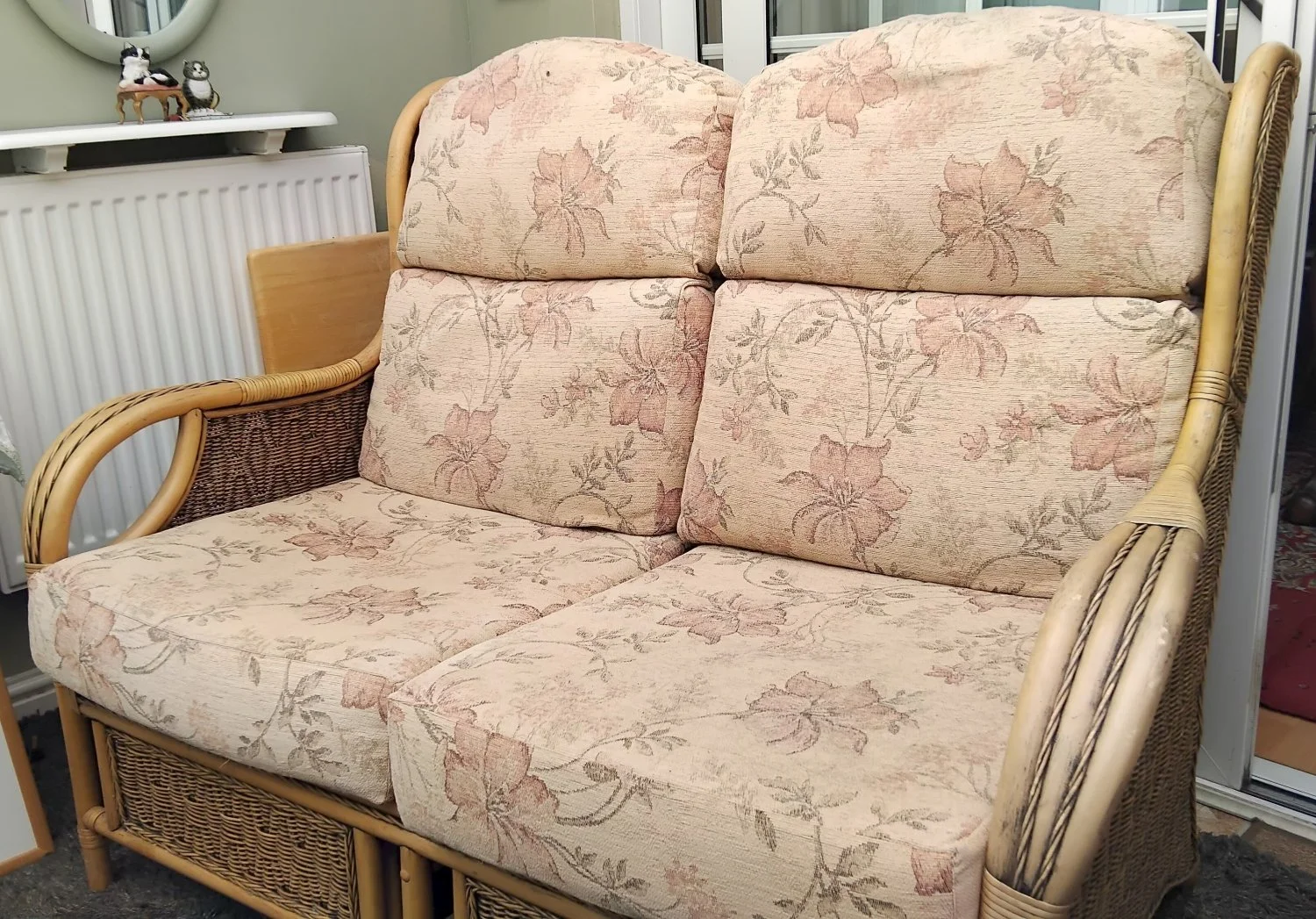 Bamboo Two-Seater Conservatory Sofa with Floral Cushions