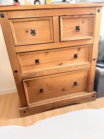 Matching pine triple wardrobe and five-drawer chest of drawers set — image 3