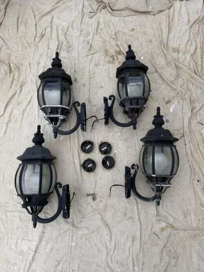 12 Vintage Black Cast Metal Exterior Wall Lanterns with Glass on Furnish Well