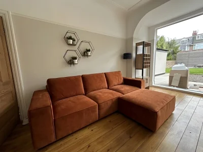 Burnt Orange 3 Seater Sofa With Pouffe/Footstool on Furnish Well