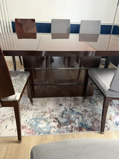 Italian Walnut Gloss Extending Dining Room Table with 8 chairs + 2 Carvers & Sideboard on Furnish Well