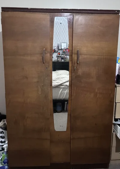 Vintage Dark Wood Veneer Wardrobe with Central Mirror on Furnish Well