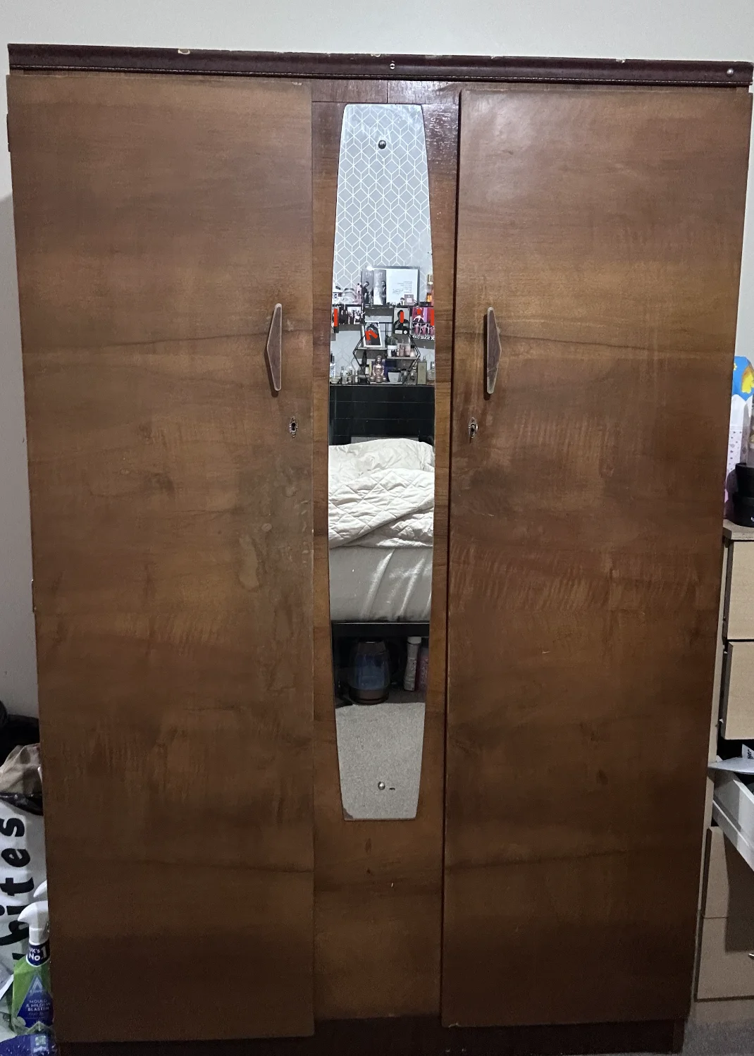 Vintage Dark Wood Veneer Wardrobe with Central Mirror