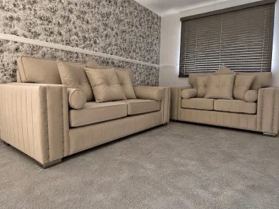 Cream upholstered 3-seater sofa and 2-seater loveseat set — image 2