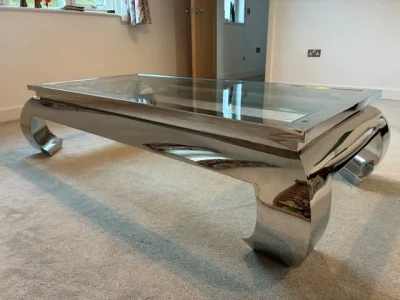 Large rectangular glass coffee table with polished metal frame — image 2