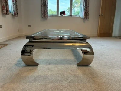 Large rectangular glass coffee table with polished metal frame — image 6