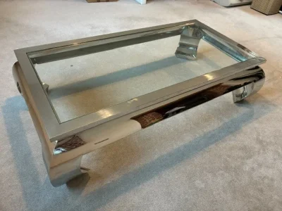Large rectangular glass coffee table with polished metal frame — image 3