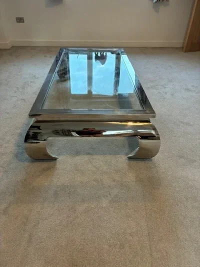 Large rectangular glass coffee table with polished metal frame — image 5