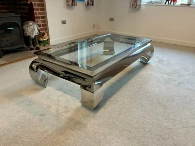 Large rectangular glass coffee table with polished metal frame — image 7