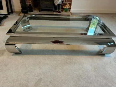 Large rectangular glass coffee table with polished metal frame — image 4
