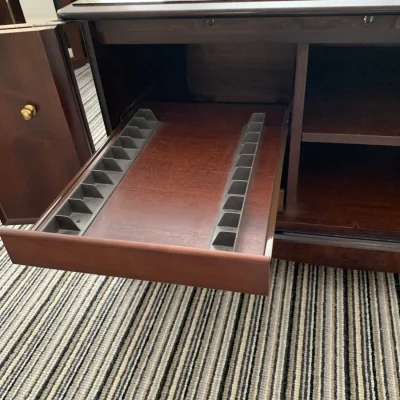Vintage dark wood media cabinet with record storage drawers — image 2