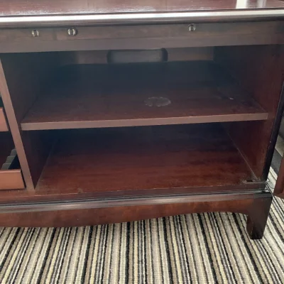 Vintage dark wood media cabinet with record storage drawers — image 4