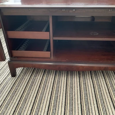 Vintage dark wood media cabinet with record storage drawers — image 5