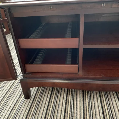 Vintage dark wood media cabinet with record storage drawers — image 3
