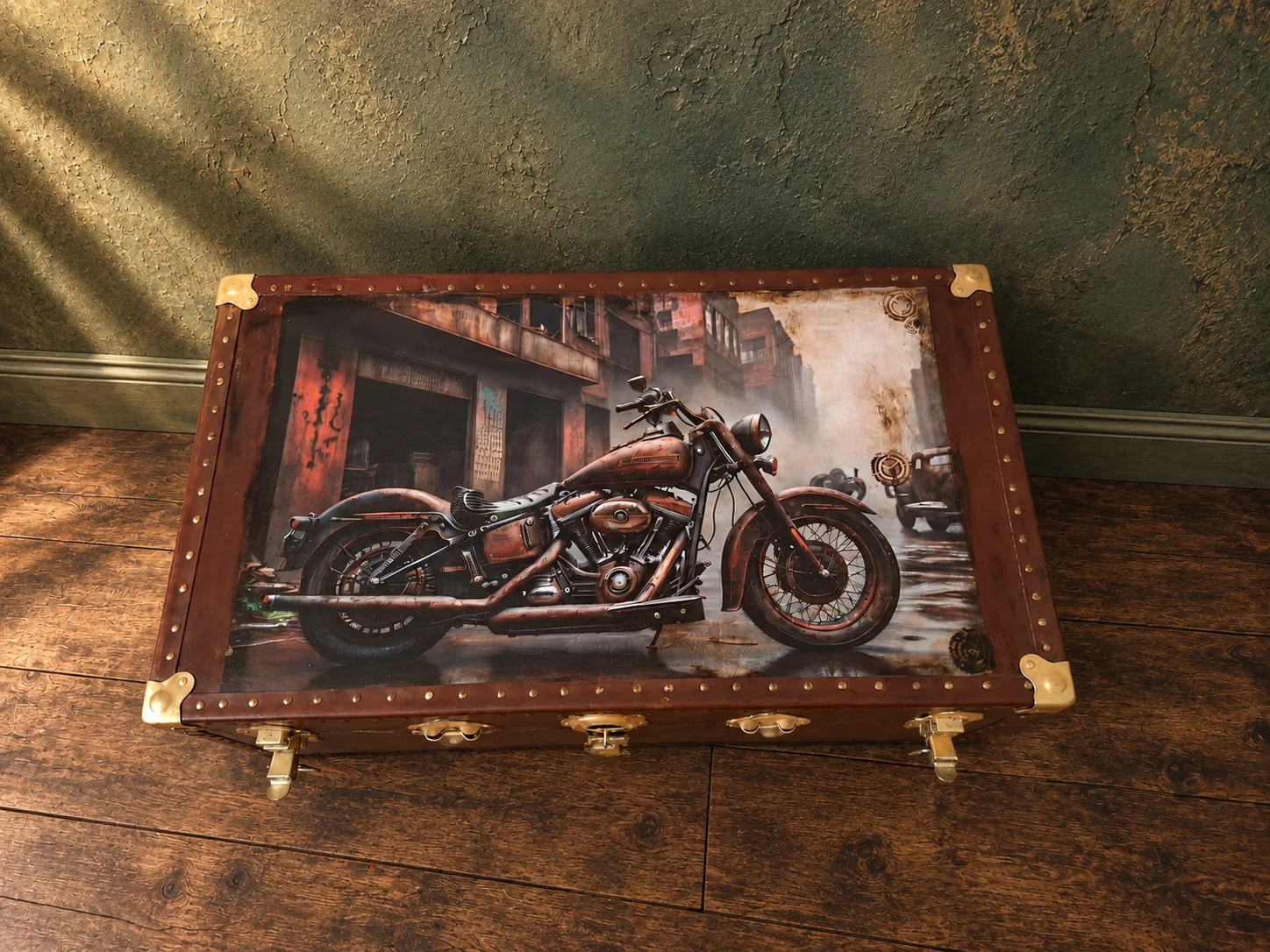 Restored Storage Trunk – Hand-Decorated Decoupage Motorcycle Design