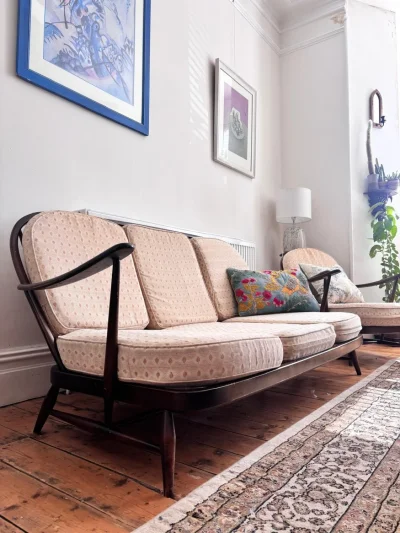 Vintage Designer Ercol Dark Wood Three-Piece Sofa Suite- Sofa + Two Armchairs — image 8