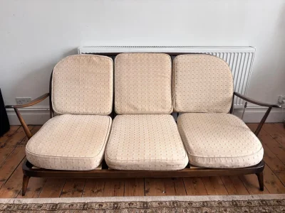 Vintage Designer Ercol Dark Wood Three-Piece Sofa Suite- Sofa + Two Armchairs — image 7