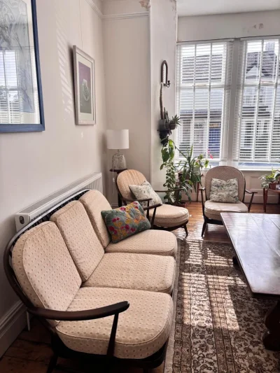 Vintage Designer Ercol Dark Wood Three-Piece Sofa Suite- Sofa + Two Armchairs on Furnish Well