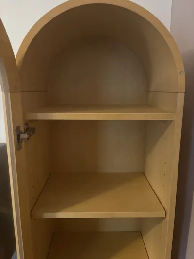 Tall arched glazed display cabinet in light beech-effect finish — image 4