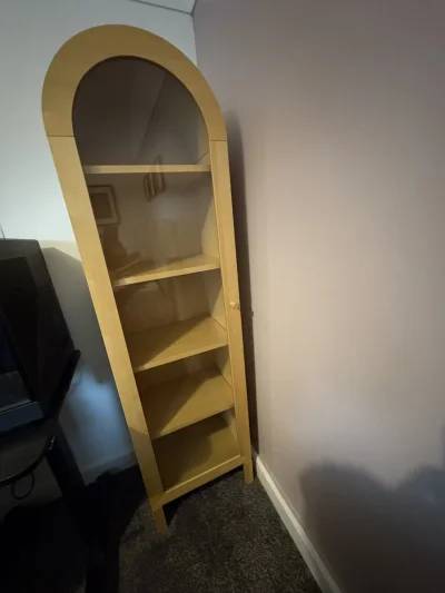 Tall arched glazed display cabinet in light beech-effect finish — image 2
