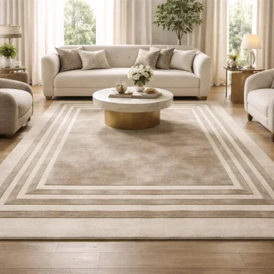 Hand-Tufted Beige Wool Area Rug 10x14 ft - Modern Border, Unused — image 4