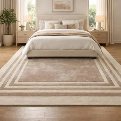 Hand-Tufted Beige Wool Area Rug 10x14 ft - Modern Border, Unused — image 6