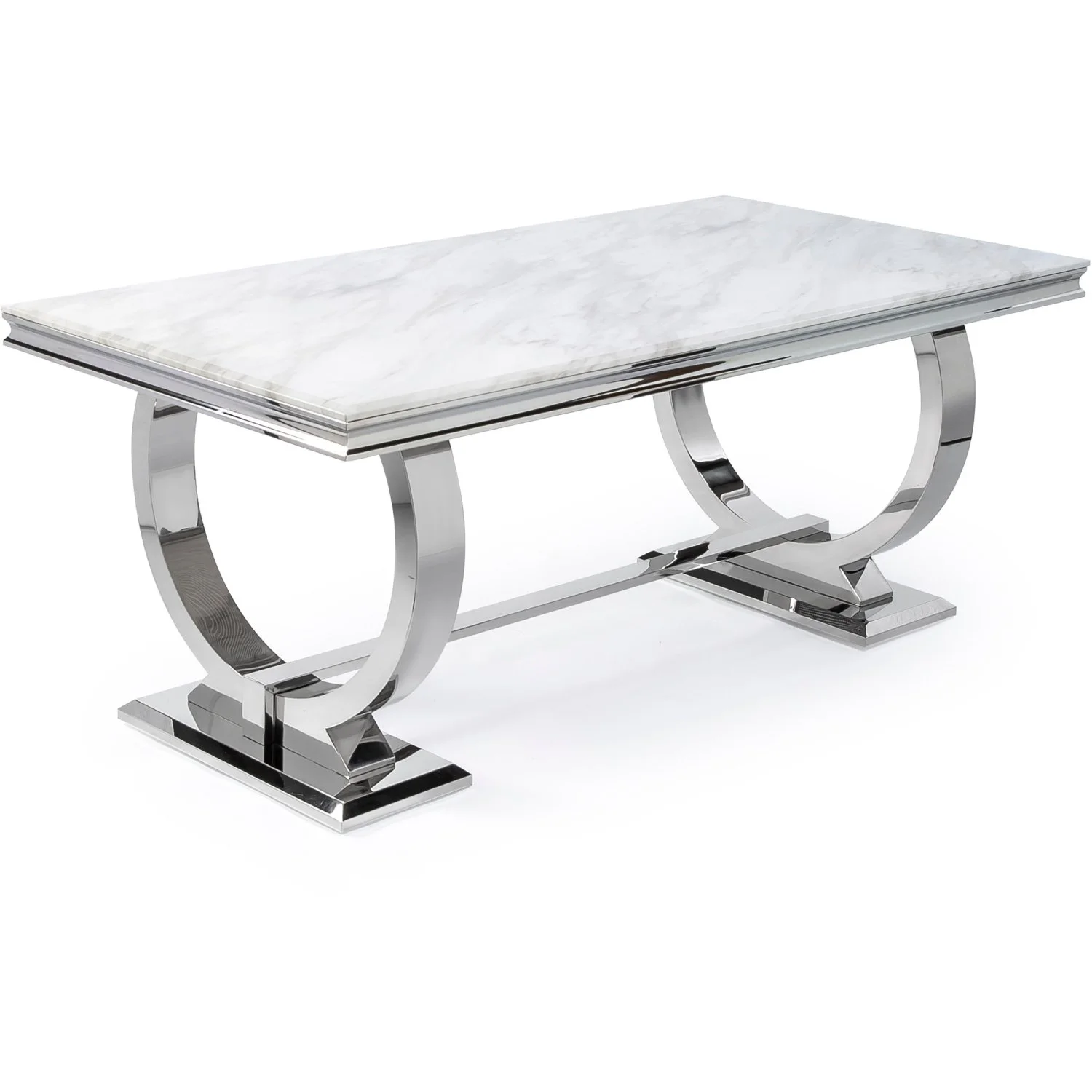 Contemporary Grey Marble-Style Dining Table with Chrome Ring Pedestal Base